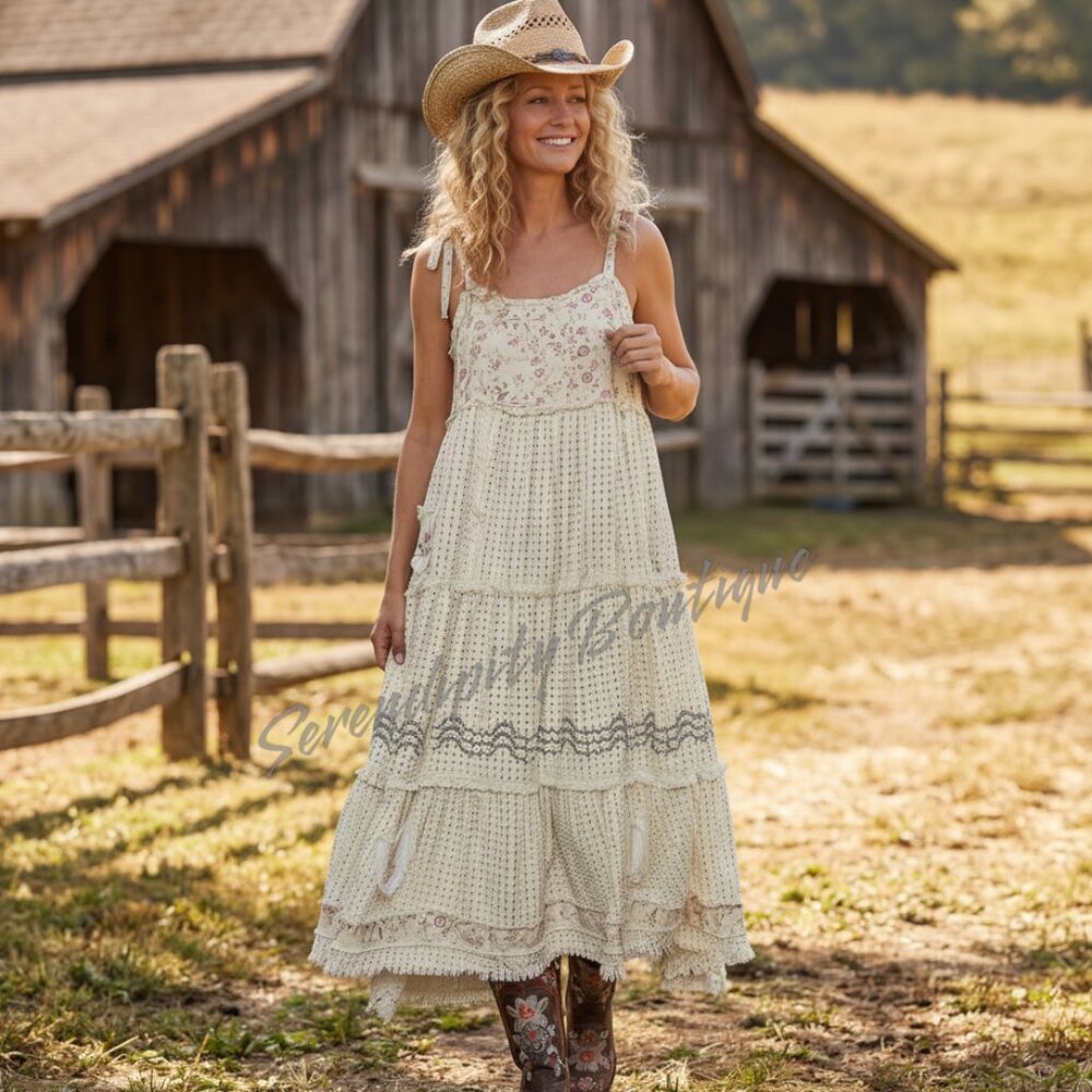 POL Boho Cowgirl Tiered Strap Cotton Floral Patchwork Oversized Denim Maxi Dress